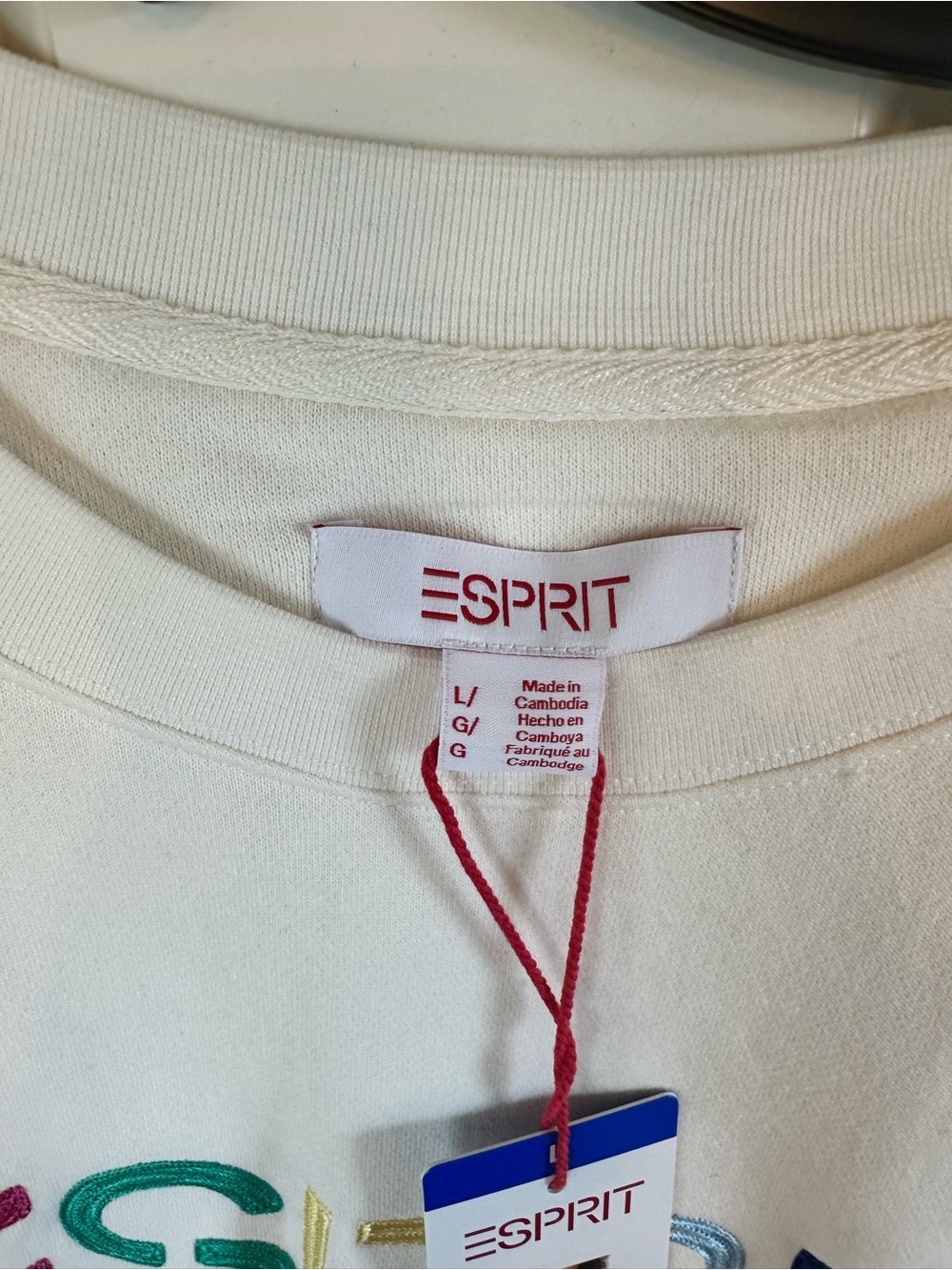 NWT Esprit Sweatshirt Cream with Multicolor Embroidered Logo L - Picture 3 of 6